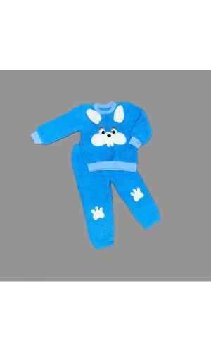 Luz&Pos 1-2-3 Yaş Kulaklı Tavşan Figürlü Kuzu Kumaş Sweat Pantolon Uzun Kollu Kız Erkek 2 Li Takımı Saks Mavisi