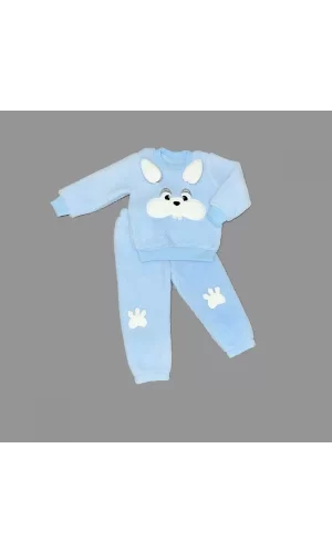 Luz&Pos 1-2-3 Yaş Kulaklı Tavşan Figürlü Kuzu Kumaş Sweat Pantolon Uzun Kollu Kız Erkek 2 Li Takımı Mavi