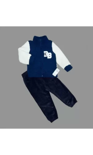 Luz&Pos 1-2-3 Yaş Kuzu Kumaş Fermuarlı Sweat Kadife Pantolonlu Uzun Kollu Kız Erkek Çocuk 2li Takım Lacivert