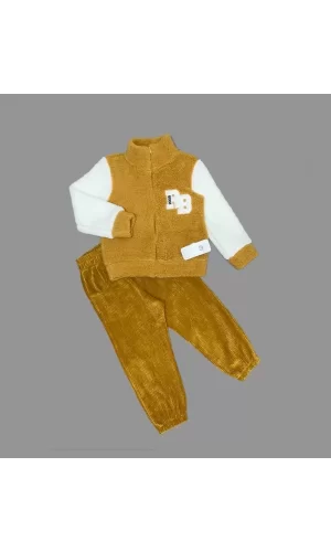 Luz&Pos 1-2-3 Yaş Kuzu Kumaş Fermuarlı Sweat Kadife Pantolonlu Uzun Kollu Kız Erkek Çocuk 2li Takım Hardal