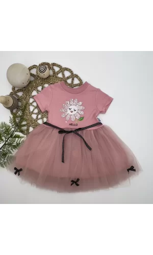 Luz&Pos 1-2-3 Yaş Payet Yapraklı Çiçek Nakışlı Astarlı Kız Bebek Tütü Elbisesi Gül Kurusu