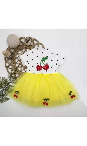 Luz&Pos 1-2-3 Yaş Payetli Kiraz Nakışlı Kiraz Etekli Kız Bebek Tütü Elbisesi Sarı