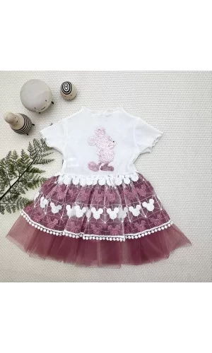 Luz&Pos 1-2-3 Yaş Payetli Mickey Baskılı Brode Etekli Kız Bebek Elbisesi Rose