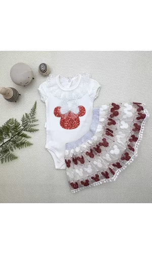 Luz&Pos 1-2-3 Yaş Payetli Mickey Nakışlı Kısa Kollu Brode Etekli 2li Kız Bebek Takımı Kırmızı