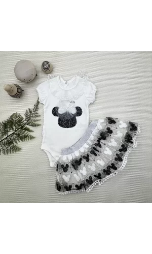 Luz&Pos 1-2-3 Yaş Payetli Mickey Nakışlı Kısa Kollu Brode Etekli 2li Kız Bebek Takımı Siyah