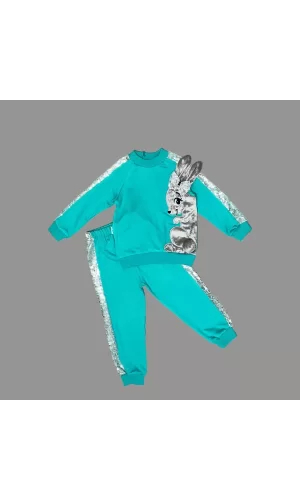 Luz&Pos 1-2-3 Yaş Payetli Pelüş Tavşan Desenli Likra Penye Kumaş Sweat Pantolonlu Kız 2li Çocuk Takımı Mint Yeşili