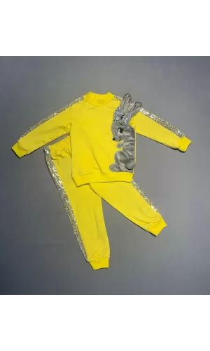 Luz&Pos 1-2-3 Yaş Payetli Pelüş Tavşan Desenli Likra Penye Kumaş Sweat Pantolonlu Kız 2li Çocuk Takımı Sarı
