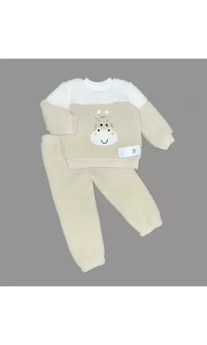 Luz&Pos 1-2-3 Yaş Ponponlu Zürafa Desenli Kuzu Kumaş Uzun Kollu 2li Kız Erkek Çocuk Takımı Bej