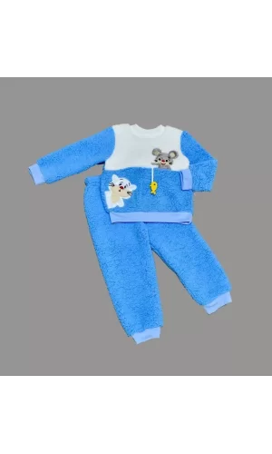 Luz&Pos 1-2-3 Yaş Sallanan Balık Nakışlı Kuzu Kumaş Sweat Pantolon Uzun Kollu Kız Erkek 2 Li Takımı Saks Mavisi
