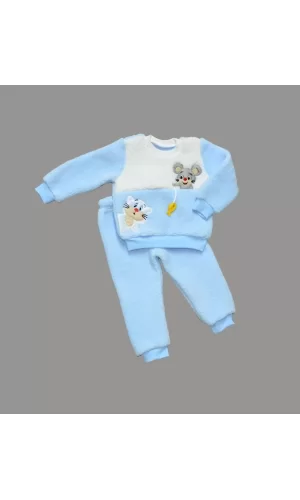 Luz&Pos 1-2-3 Yaş Sallanan Balık Nakışlı Kuzu Kumaş Sweat Pantolon Uzun Kollu Kız Erkek 2 Li Takımı Mavi