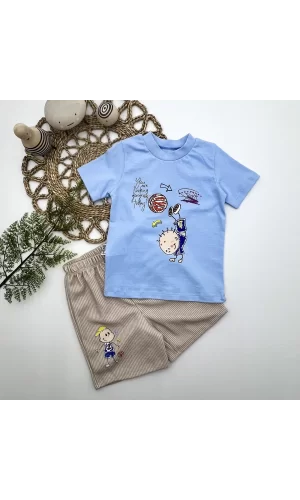 1-2-3 Yaş Topçu Erkek Çocuk Baskılı Şortlu Kısa Kollu Tişört 2li Erkek Bebek Takımı Mavi
