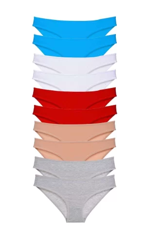 10 adet Süper Eko Set Likralı Kadın Slip Kırmızı Ten Gri Beyaz Mavi