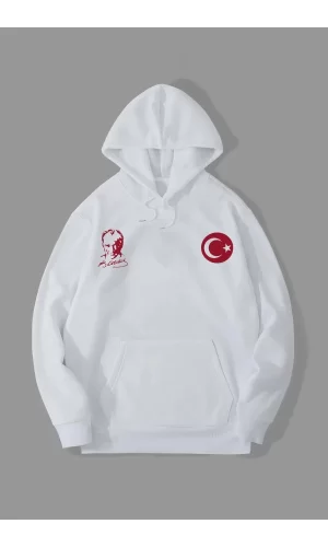 Luz&Pos 10 Kasıma Özel Üç İplik Kapüşonlu Baskılı Sweatshirt - Beyaz