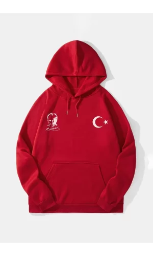 Luz&Pos 10 Kasıma Özel Üç İplik Kapüşonlu Baskılı Sweatshirt - Kırmızı