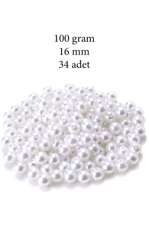 100 gram 16mm Beyaz Renk Plastik İnci Boncuk Çanta ve Takı Yapım Boncuğu (~34 adet)