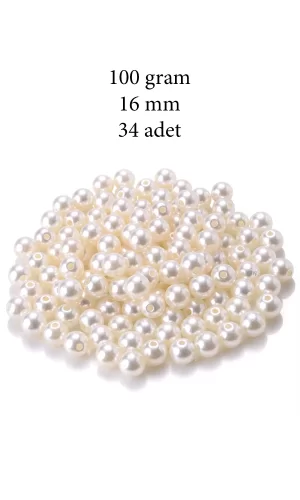 100 gram 16mm Krem Renk Plastik İnci Boncuk Çanta ve Takı Yapım Boncuğu (~34 adet)