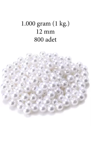 1.000 gram (1 kg.) 12mm Beyaz Renk Plastik İnci Boncuk Çanta ve Takı Yapım Boncuğu (~800 adet)