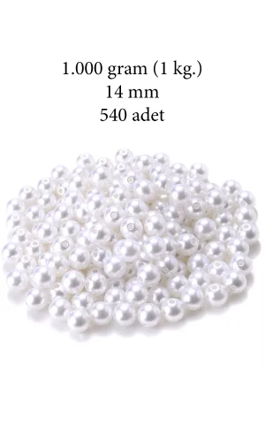 1.000 gram (1 kg.) 14mm Beyaz Renk Plastik İnci Boncuk Çanta ve Takı Yapım Boncuğu (~540 adet)