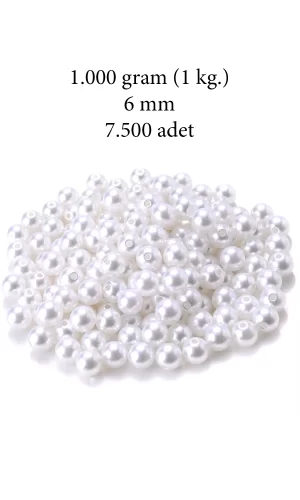1.000 gram (1 kg.) 6mm Beyaz Renk Plastik İnci Boncuk Çanta ve Takı Yapım Boncuğu (~7.500 adet)