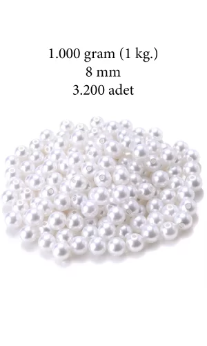 1.000 gram (1 kg.) 8mm Beyaz Renk Plastik İnci Boncuk Çanta ve Takı Yapım Boncuğu (~3.200 adet)