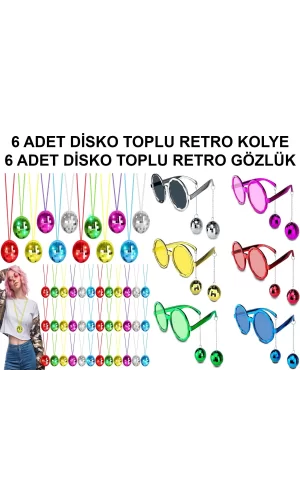 12 Parça Renkli Disko Toplu Retro Parti Seti – 6 Kolye + 6 Gözlük