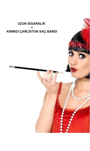 192039ler 199039lar Gatsby Kadın Aksesuar Seti – Kırmızı Charleston Saç Bandı Ve Lık