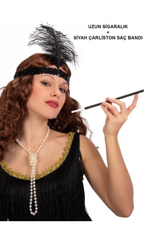 192039ler Gatsby Aksesuar Seti – Siyah Charleston Saç Bandı  Lık