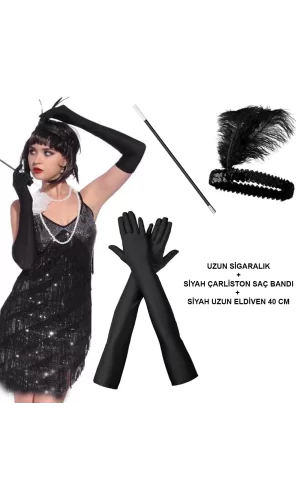 192039ler Gatsby Aksesuar Seti – Siyah Charleston Saç Bandı, Uzun Eldiven  Lık