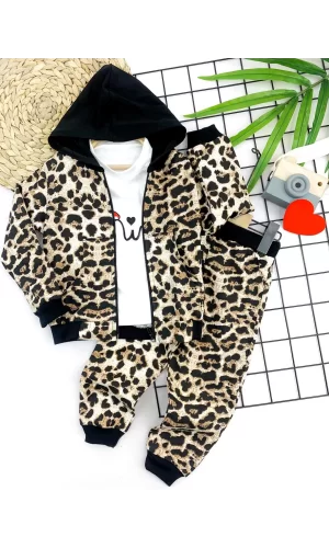 Luz&Pos 2-3-4-5 Yaş Kapşonlu Leopar Desenli Sweatli 3lü Kız Çocuk Takımı Kahverengi