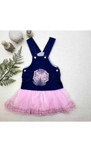 Luz&Pos 2-3-4 Yaş Fiyonklu Düğme Detaylı Tül Etek Kot Kumaş Salopet Kız Çocuk Elbisesi Lacivert-pembe