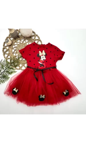 Luz&Pos 2-3-4 Yaş Puantiyeli Mickey Baskılı Kurdela Kuşaklı Astarlı Kız Bebek Tütü Elbisesi Kırmızı