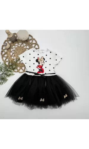 Luz&Pos 2-3-4 Yaş Puantiyeli Mickey Baskılı Kurdela Kuşaklı Astarlı Kız Bebek Tütü Elbisesi Siyah