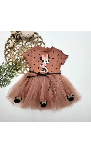 Luz&Pos 2-3-4 Yaş Puantiyeli Mickey Baskılı Kurdela Kuşaklı Astarlı Kız Bebek Tütü Elbisesi Kahverengi