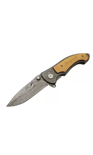 2-31 Damascus Kamp Çakı 19,5cm - Yarı Otomatik, Kemerlikli, Ahşap Metal Sap