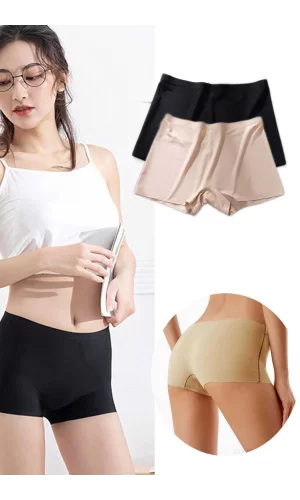 2 Adet Kadın Dikişsiz Görünmez İz Yapmaz Mini Şort Boxer Siyah Ten
