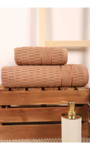 2 Parça Banyo Havlu Takımı &#37;100 Pamuklu Çubuk Desen Kahverengi