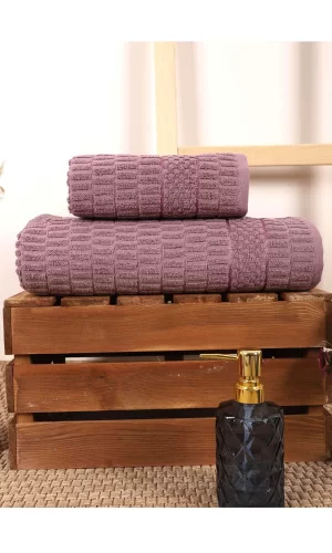 2 Parça Banyo Havlu Takımı &#37;100 Pamuklu Çubuk Desen Mor