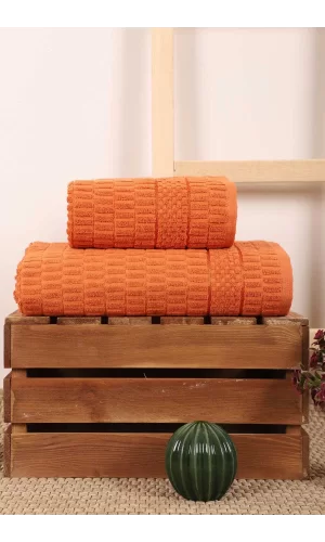 2 Parça Banyo Havlu Takımı &#37;100 Pamuklu Çubuk Desen Turuncu