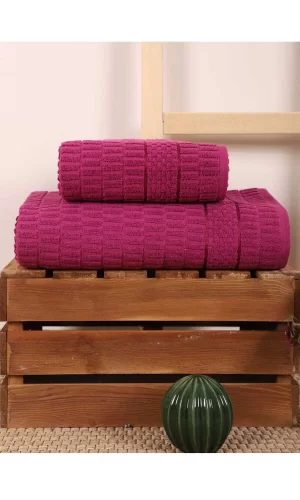 2 Parça Banyo Havlu Takımı &#37;100 Pamuklu Çubuk Desen Vişne
