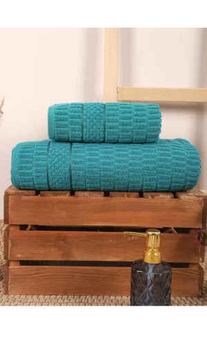 2 Parça Banyo Havlu Takımı &#37;100 Pamuklu Çubuk Desen Yeşil