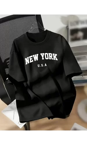 Luz&Pos 20/1 Penye Compack New York Baskılı Oversize Kısa Kol Bisiklet Yaka T-shirt - Siyah