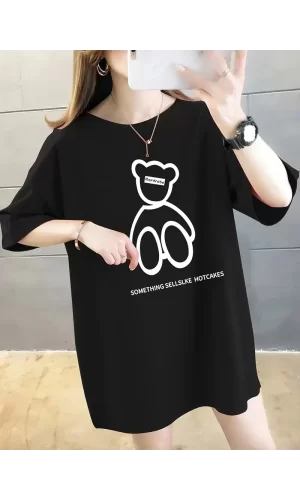 Luz&Pos 20/1 Penye Compack Ön Arka Baskılı Oversize Bisiklet Yaka T-shirt - Siyah