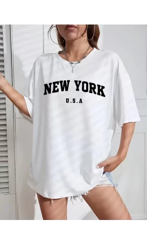 Luz&Pos 20/1 Penye Compacknew York Baskılı Oversize Kısa Kol Bisiklet Yaka T-shirt - Beyaz