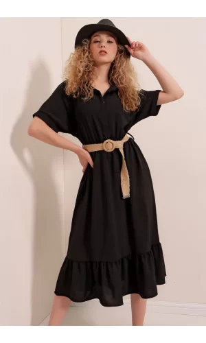 2292 Kemerli Elbise - Siyah