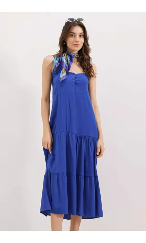 2403 Askılı Midi Elbise - Saks