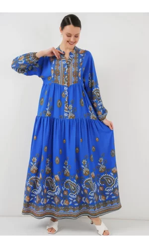 2423 Otantik Desenli Tesettür Elbise - Saks 1