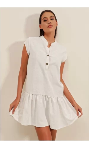 2425 Keten Mini Elbise - Ekru