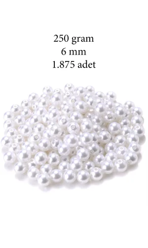 250 gram 6mm Beyaz Renk Plastik İnci Boncuk Çanta ve Takı Yapım Boncuğu (~1.875 adet)