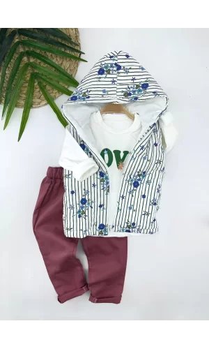 Luz&Pos 3-4-5-6 Yaş Kapşonlu Fermuarlı Çiçekli Şişme Yelek Sweat Pantolonlu 3lü Kız Erkek Çocuk Takımı Yeşil