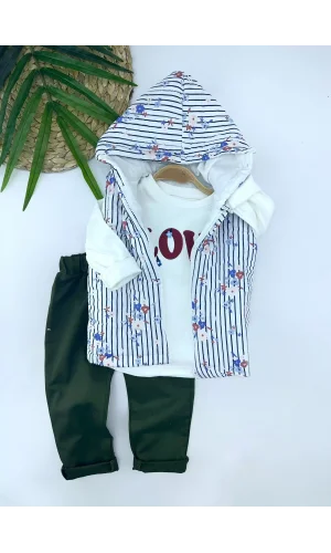 Luz&Pos 3-4-5-6 Yaş Kapşonlu Fermuarlı Çiçekli Şişme Yelek Sweat Pantolonlu 3lü Kız Erkek Çocuk Takımı Mavi